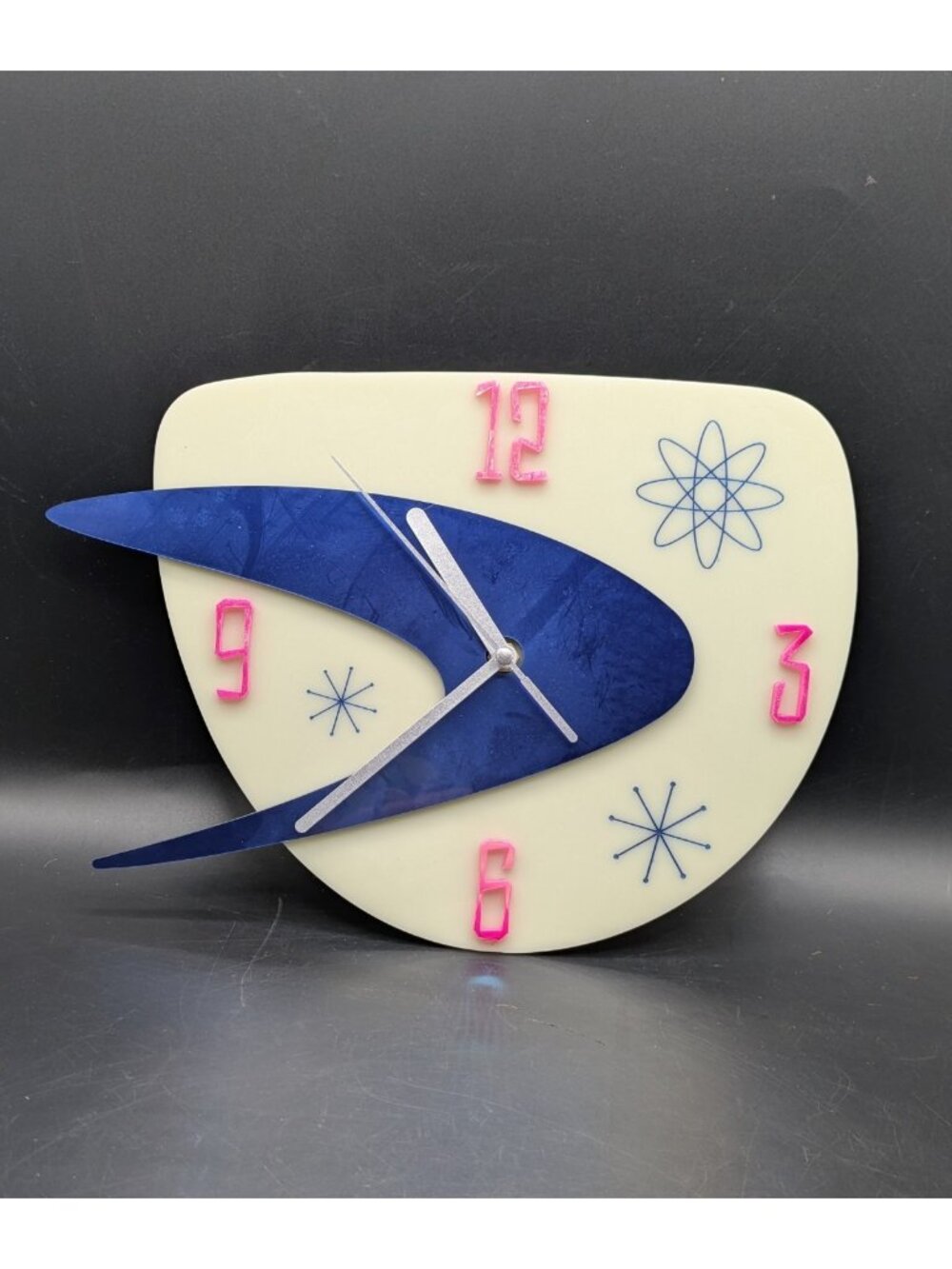 Acrylic Mid Century Modern Boomerang Wall Clock Retro Atomic Clock 10"